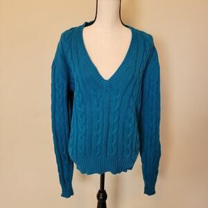 Vintage Eddie Bauer M Cotton Bulky Cable Knit Long Sleeve Turquoise Sweater